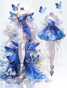 two blue dresses with butterflies on them and one in the middle is wearing high heels