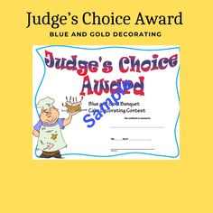 the judge's choice award certificate is shown in red and blue, with a cartoon chef