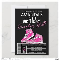 a birthday party card with pink sneakers on the front and black background, which reads, amanda's 13th birthday sneaker ball