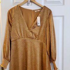 Deep V Neck, A Line, Fully Lined, Wide Elastic Cuffs, Zipper & Hook Closure In The Back. 34 Inches Shoulder To Hem. Never Worn. It Is More Fitted/A Line...Hard To See In The Photos. Silky Material. Gold With Black Dots. No Stretch. Flat Lay-16 Inch Waist, 16 Inch Shoulder Gold Long Sleeve Maxi Dress For Fall, Gold Long Sleeve Dress For Brunch, Casual Gold Long Sleeve Dress, Casual Long Sleeve Gold Dress, Gold Long Sleeve Mini Dress For Brunch, Gold Long Sleeve Midi Dress For Date Night, Junior Homecoming Dresses, Navy Blue Prom Dress, Alyce Paris Prom Dresses