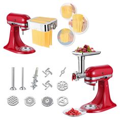 a red kitchen aid attachment with pasta cutters and other items to make it look like an appliance