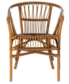 a chair made out of bamboo and wicker with an armrest that is bent to the side