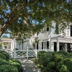 a white house surrounded by trees and bushes