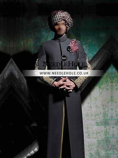 Black suiting fabric sherwani design for groom in Chester UK Chester Uk, Muslim Wedding Dress