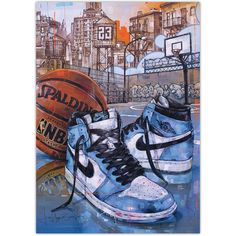 a painting of a pair of sneakers and a basketball