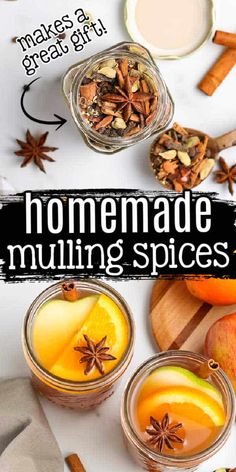 homemade mulling spices in jars with cinnamons, apples and anise on the side