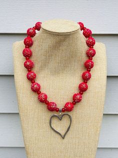 Chunky Large Silver Heart Pendant Jewelry / Confetti Valentine Beaded Necklace / Holiday Whimsical Fun Sweetheart Red / Heart-shaped Beaded Necklace For Parties, Red Necklaces For Valentine's Day Festive Occasions, Red Necklace For Valentine's Day Festivities, Valentine's Day Festive Heart-shaped Jewelry, Festive Heart Jewelry With Heart Beads, Heart-shaped Beaded Festive Jewelry, Festive Heart Shaped Jewelry With Heart Beads, Party Heart-shaped Beaded Necklaces With Heart Beads, Red Heart Beads Necklace For Valentine's Day