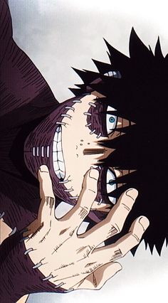 an anime character with black hair and blue eyes holding his hand up to his face