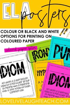 four different types of black and white ink on colored paper with the text ela