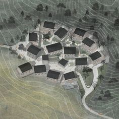 an artist's rendering of a village in the middle of a field with trees