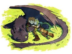 an image of a cartoon character laying on the ground next to a giant dragon and another creature