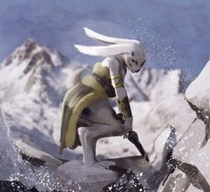 an animated character standing on top of a rock in front of snow covered mountain tops