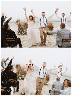 there are two pictures of the bride and groom at their wedding ceremony, one is throwing confetti in the air