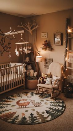 a baby's room with a rocking chair and crib