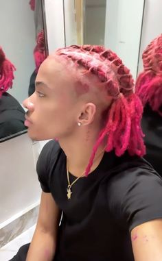 His TikTok is iamjtsunami Pink And Blonde Dreads Men, Dyed Braids Men, Pink Locs Men, Dread Cornrows Men, Dreads Dyed Men, Pink Dreads Men, Blonde And Pink Dreads, Red And Blonde Dreads, Dread Dye Ideas Men