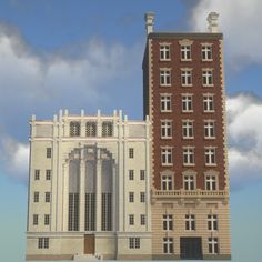 two tall buildings next to each other in front of a blue sky with white clouds