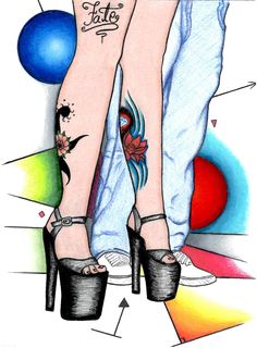 a drawing of two legs with tattoos on them