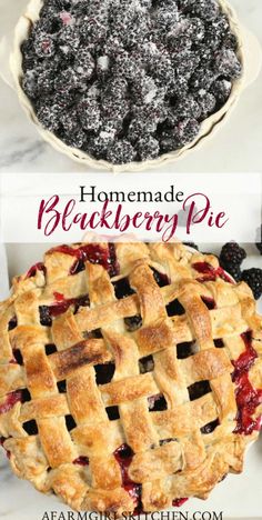 blackberry pie on a white plate next to a bowl of blackberries