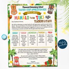 Editable Tiki-riffic Tropical Teacher Appreciation Staff Newsletter, Printable Appreciation Week Beach Hawaiian Luau Theme, Take Home Flyer Hawaiian Teacher Appreciation Week, Events Poster, Parent Newsletter, Staff Appreciation Week, Dear Students, Luau Theme, Invitation Text, Staff Appreciation, Beach Tropical