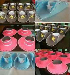 there are many pictures of baby shoes and cupcakes on the table together in different colors