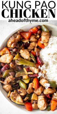 a white bowl filled with chicken, peppers and rice next to the words king pao's chicken