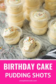 birthday cake pudding shots with sprinkles in small plastic cups