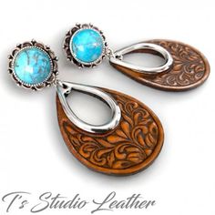 Brown Tooled Leather Hoop Earrings with Turquoise and Silver Accents - Floral Motif Boho Jewelry Tiny Diamond Earrings, Leather Hoop Earrings, Diamond Star Earrings, Gold Bar Earrings Studs, Turquoise Jewelry Set, Ruby Earrings Studs, Silver Turquoise Jewelry, Fine Silver Jewelry, Bar Stud Earrings