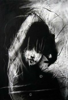 a black and white painting of a woman with her hands behind her head in the dark