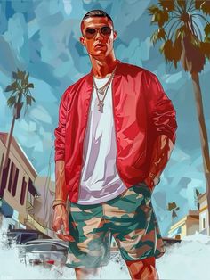 a digital painting of a man in shorts and a red jacket with palm trees behind him