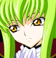 an anime character with green hair and yellow eyes