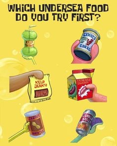 an advertisement for canned food with images of different items in the background and text that reads, which undersea food do you try first?