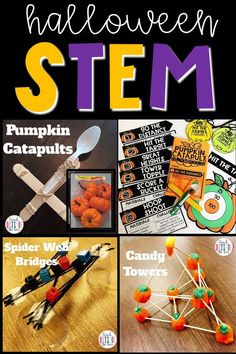 3 LOW PREP Halloween Themed STEM Challenges for October! Students will engineer a Pumpkin Catapult with 6 game stations, Spider Web Bridge, and Candy Tower! Vocabulary cards, instructions, student recording sheets, and digital notebook included! Elementary STEM Activities | Holiday STEM | Kindergarten, First Grade, Second Grade, Third Grade, Fourth Grade, Fifth Grade Pumpkin Catapult, Halloween Stem Challenge, Stem Challenges Elementary, Halloween Stem Activities, Holiday Stem, Kindergarten Stem, Elementary Stem Activities, Halloween Stem, Stem Elementary