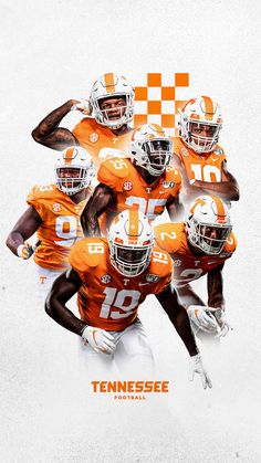 the tennessee football team is depicted in an orange and white photo with checkered background