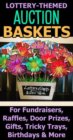 an advertisement for auction baskets with lots of colorful paper flowers in the center and words written below it