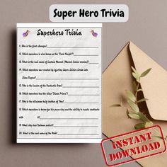 a letter and envelope with a red stamp that says super hero trivia