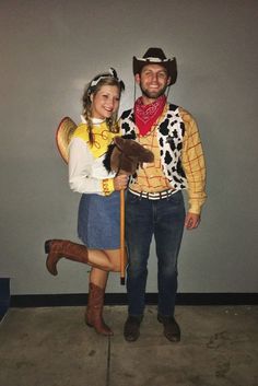 a man and woman dressed up as toy story characters, including woody the cowgirl