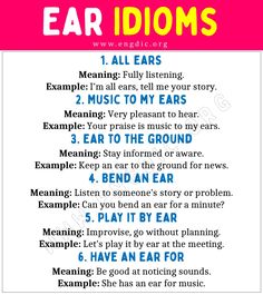 an ear idioms poster with the words ear idioms in different languages