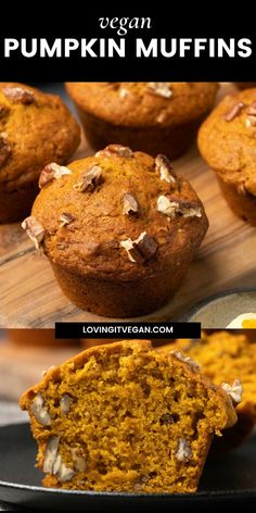 pumpkin muffins cut in half and stacked on top of each other with text overlay that reads vegan pumpkin muffins