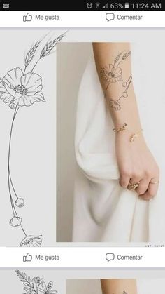 three different tattoos on one arm and the other hand, with flowers in each corner