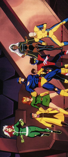 an animated group of superheros standing on top of a stage with their arms in the air