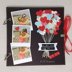 a scrapbook with photos and hearts attached to it