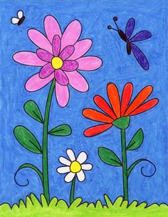 a drawing of flowers and butterflies on a blue background