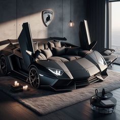 a black and white sports car in a living room