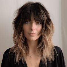 Long Shag Cut with Curtain Bangs Shag Haircut With Balayage, Shaggy Long Bob With Curtain Bangs, Shag Bayalage Hair, Messy Hairstyles With Bangs, Dark Hair With Bangs And Highlights, Long Shag With Curtain Bangs Thick Hair, Modern Shag With Curtain Bangs, Shag W Curtain Bangs, Brunette Balayage With Bangs