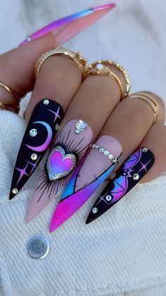 Aerosmith Nails, Excision Nails, Tino Vo Nails, Halloween Nails With Rhinestones, Nail Crystal Designs, Spiritual Nail Art