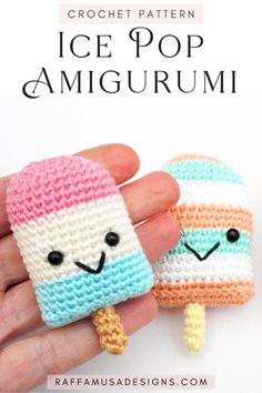 two crocheted ice cream pops are shown with the text, crochet pattern ice pop amigurmi