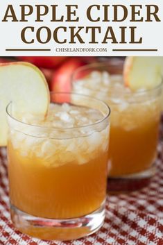 two glasses filled with ice and apples on top of a red checkered table cloth