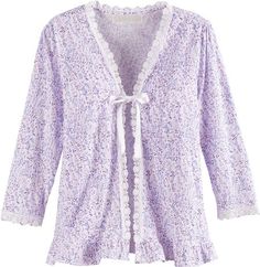 The Prettiest Ribbons, Lace, and Ruffles on the Softest Cotton Modal Bed Jacket Bed Jackets, Lavender Print, Moonlight Sonata, Bed Jacket, Vermont Country Store, Eileen West, Country Store, Pretty Lingerie, Printed Ties