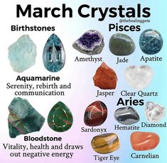 many different types of crystals are shown in this poster, with the names and description