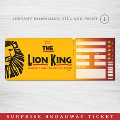 the lion king ticket is shown on a white background with red and yellow lettering, which reads